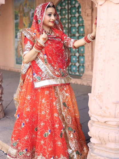 Bandhani Royal Pure 4 mtr full Gher Rajputi Poshak In Orange Color-91308
