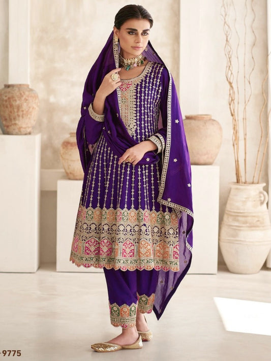 Silk Bollywood Salwar Kameez in Purple with Zari work-81966