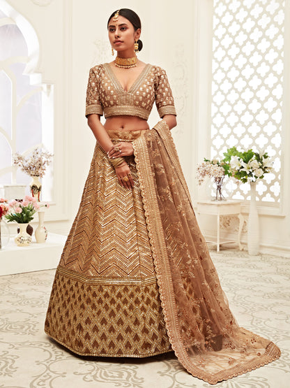 Silk Bridal Lehenga with Embroidered work in Brown color-82121