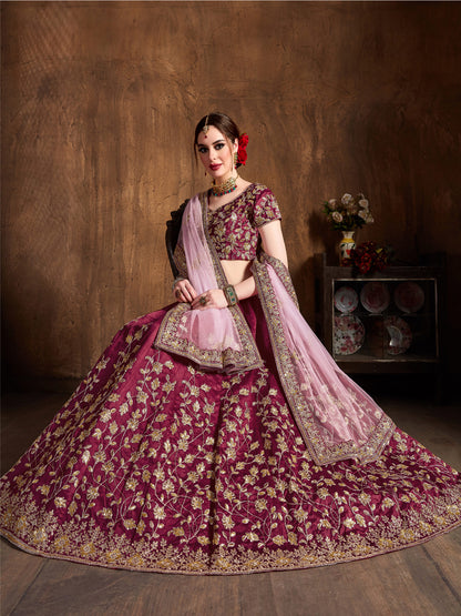 Raw Silk Engagement Sangeet Lehenga with Embroidered work in Maroon color-82098