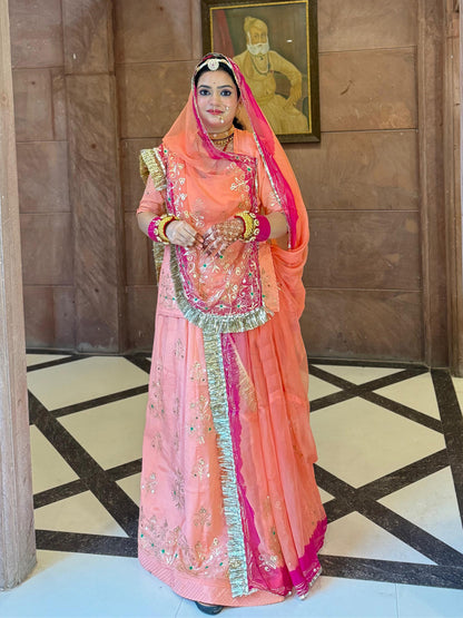 Upada Silk and Hamrahi Pure Wedding festivel kasab zari Work Rajputi Poshak In Peach Colour-60919