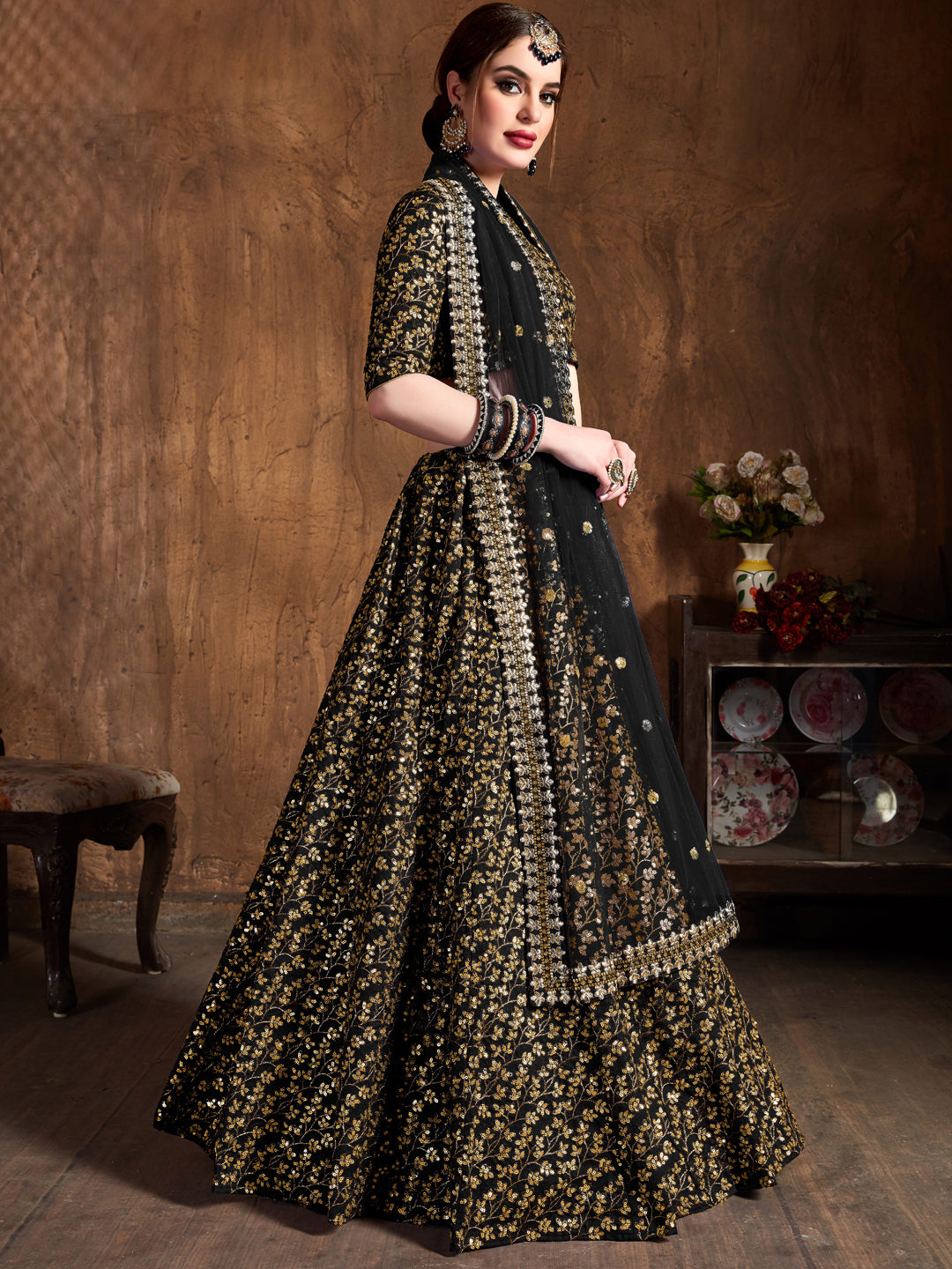 Raw Silk Engagement Sangeet Lehenga with Embroidered work in Black color-82101