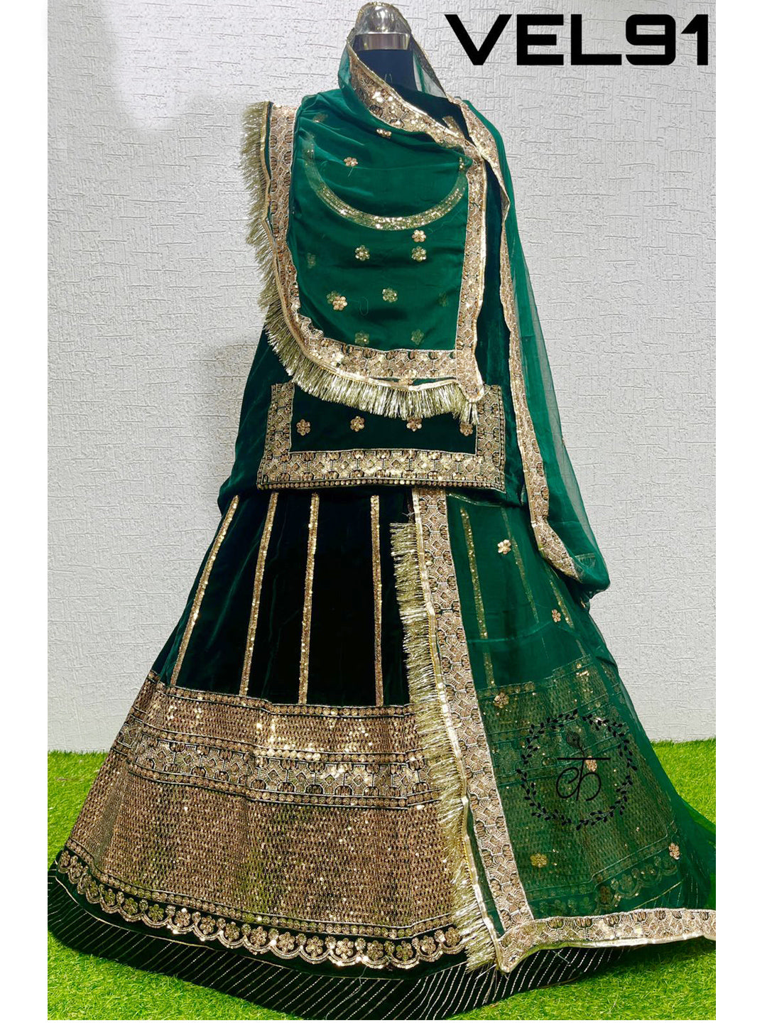 Velvet wedding Sangeet Sequence work Rajputi Poshak In Green Color