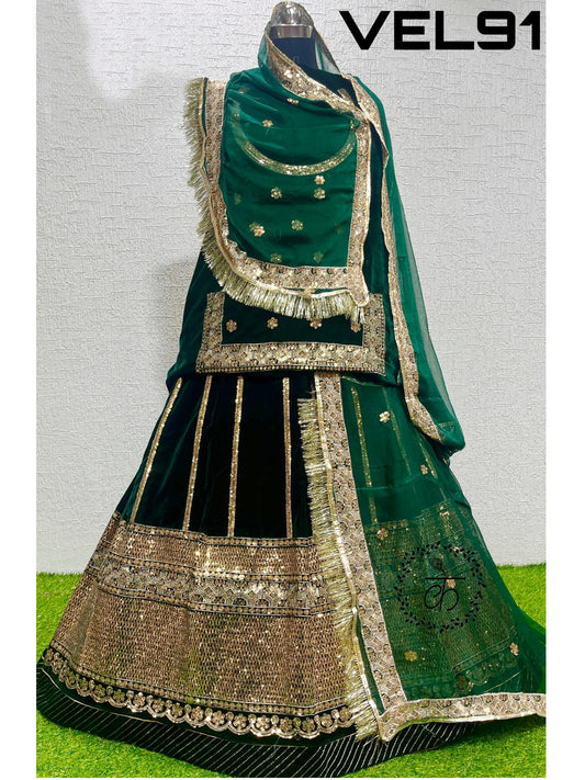 Velvet wedding Sangeet Sequence work Rajputi Poshak In Green Color-82012