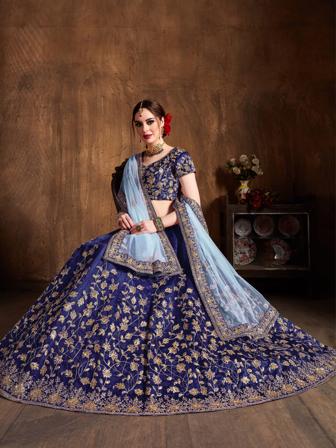 Raw Silk Engagement Sangeet Lehenga with Embroidered work in Blue color-82097