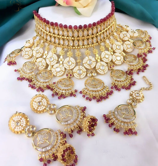 Red and White Beads Studded Handcrafted Brass Kundan Bridal Jewellery Set-81401