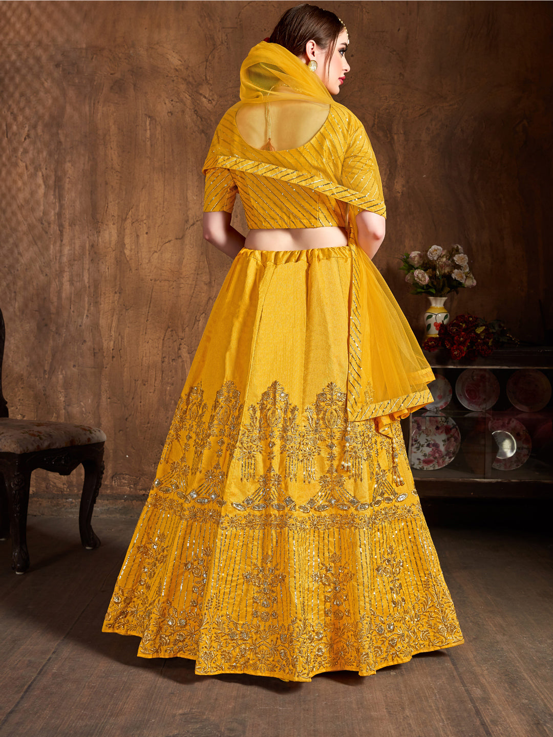 Art Silk Engagement Sangeet Lehenga with Embroidered work in Yellow color-82112