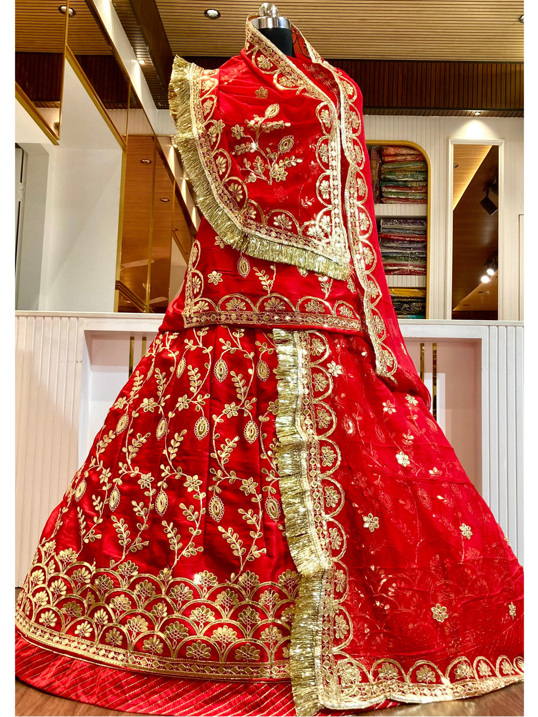 24 Kali Full Gher Bamber Satin Wedding Traditional Rajputi Poshak with Zari work In Red color-81934