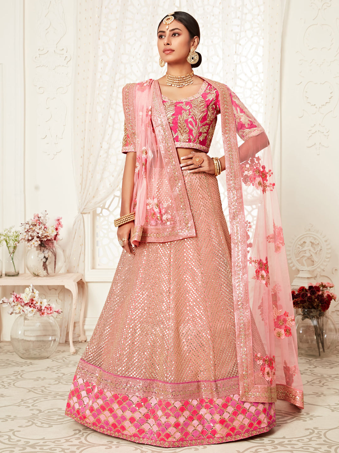 Silk Bridal Lehenga with Embroidered work in Pink color-82118