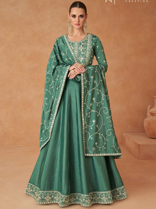 Embroidered Silk Free Size Stitched Flor lenght Salwar Kameez in Green Color-81596
