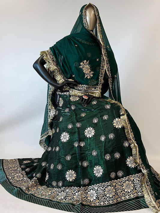10 Kali Jimmi Choo Receiption Wedding Rajputi Poshak with Serski Work in Green color-91412
