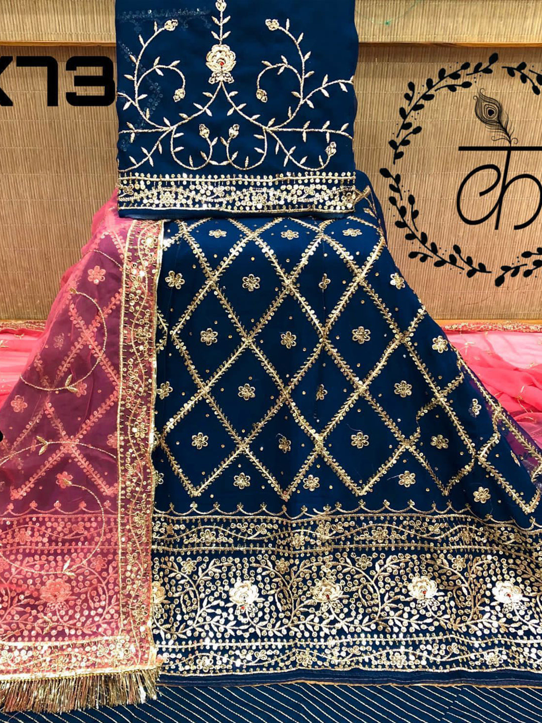 Zari Work Contrast Half pure Rajputi Poshak In Blue Color-60982