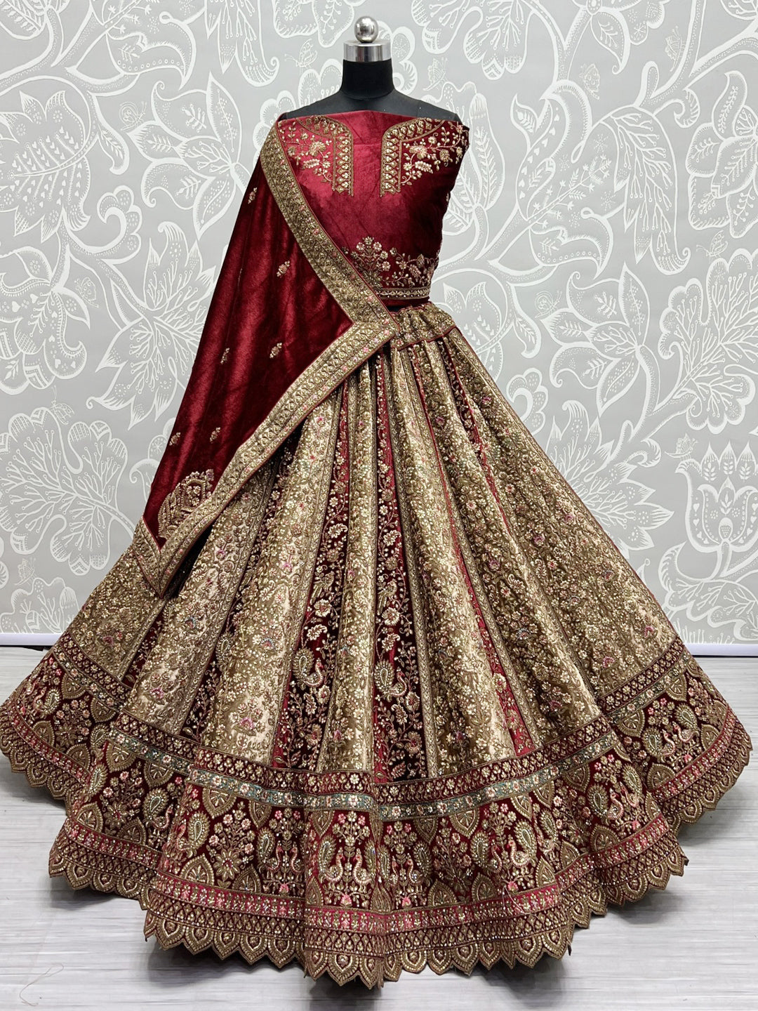 Embroidered Velvet Bridal Lehenga with Double Chunni in Multicolor-818 –  Saundaryam Fashions