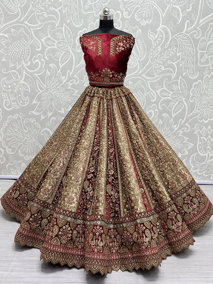 Embroidered Velvet Bridal Lehenga with Double Chunni in Multicolor-81812