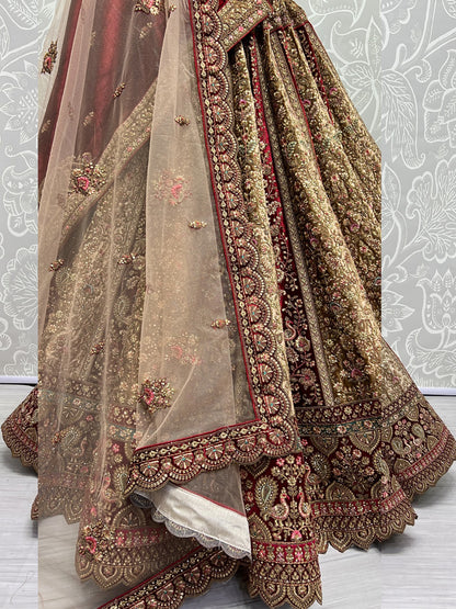 Embroidered Velvet Bridal Lehenga with Double Chunni in Multicolor-81812