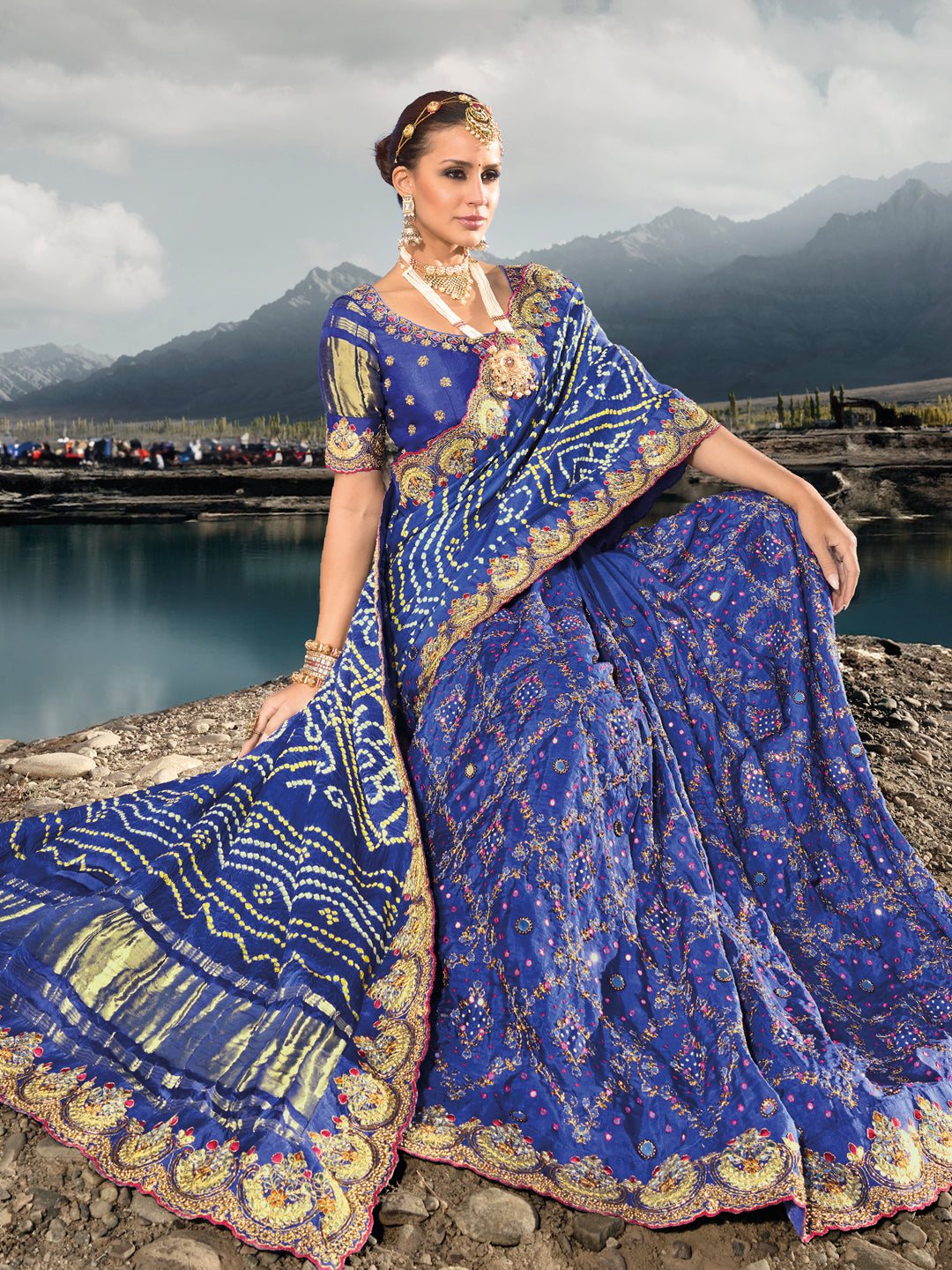 Original Mirror Pure Gjji Bandhej Printed Wedding Bridal Saree In Blue Color-81663