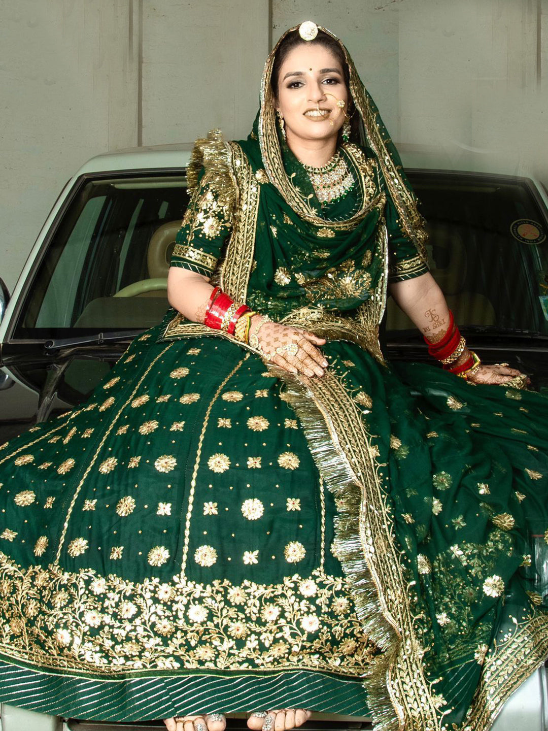 Copper Zari Humarahi Pure Wedding Sangeet Rajputi Poshak In Green Color-61048