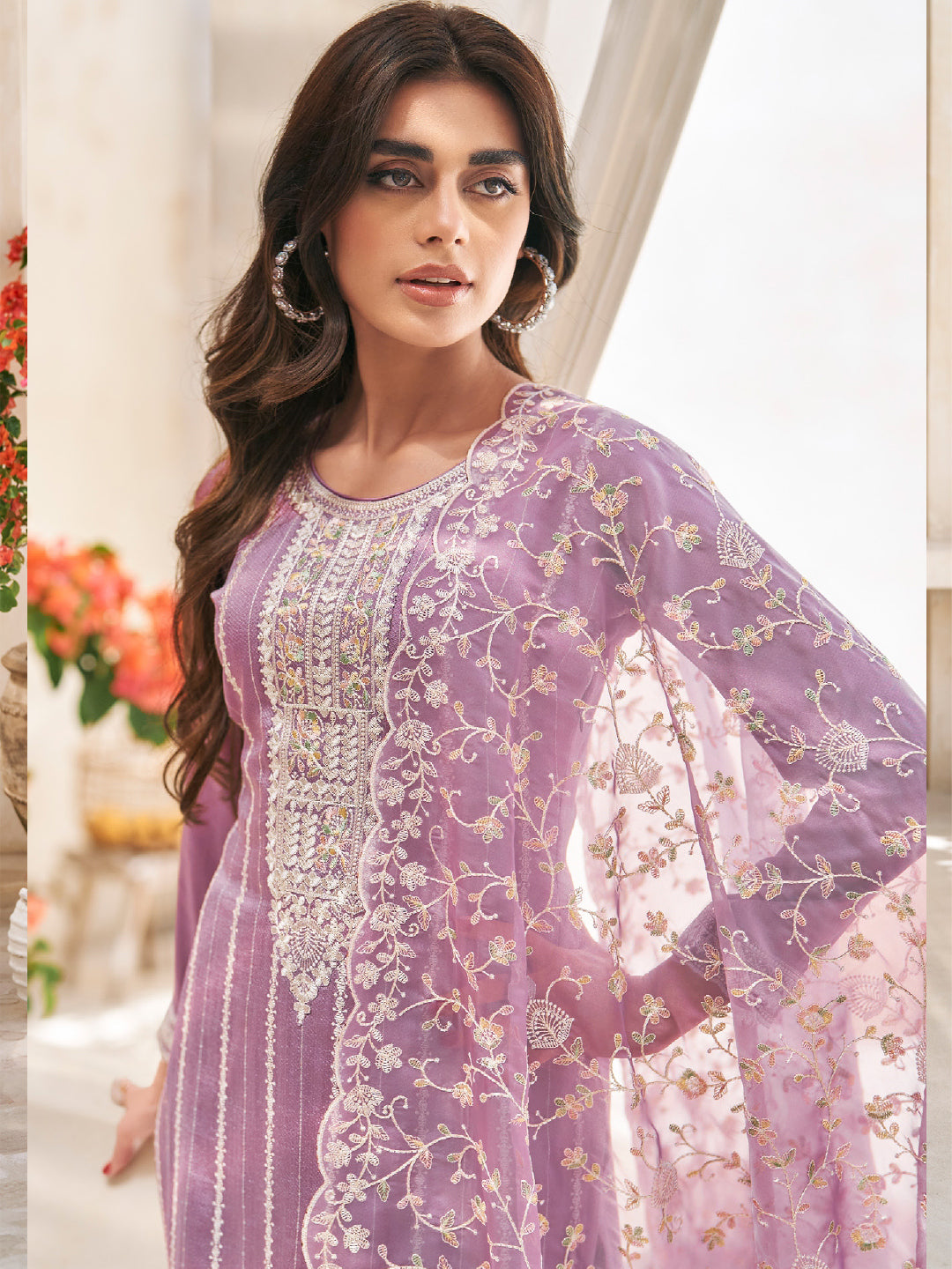 Embroidered Silk Un-Stitched Salwar Kameez in Purple Color-81592