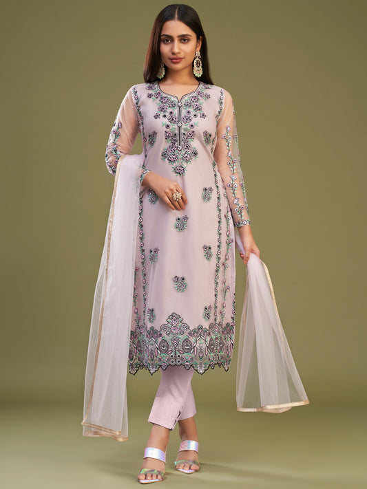 Thread Embroidered Banglori Silk and Net Salwar Kameez in Pink Color-81600