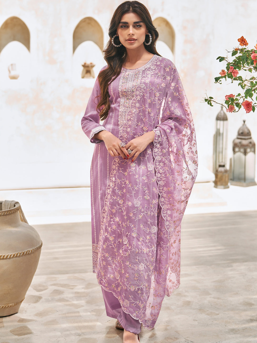 Embroidered Silk Un-Stitched Salwar Kameez in Purple Color-81592