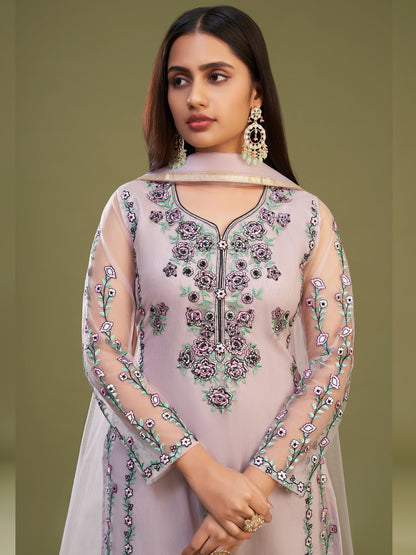 Thread Embroidered Banglori Silk and Net Salwar Kameez in Pink Color-81600