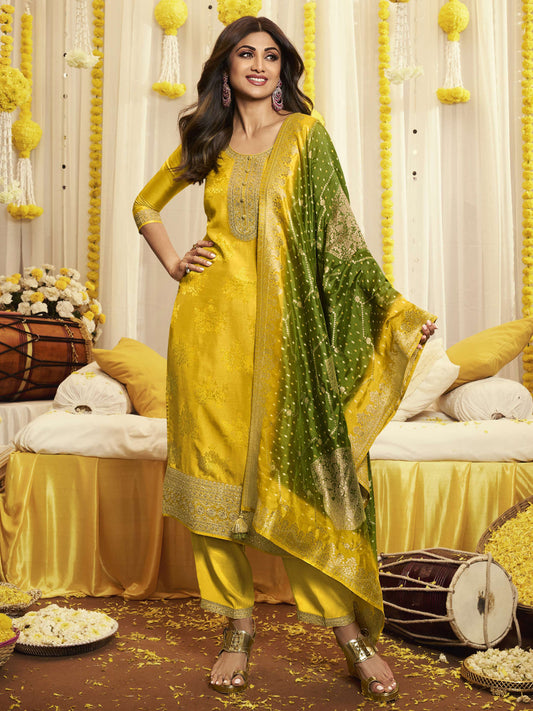 Meena Work Pure Viscose Dola Jacquard Hald and Sangeet Salwar Kameez in Yellow Color-81604