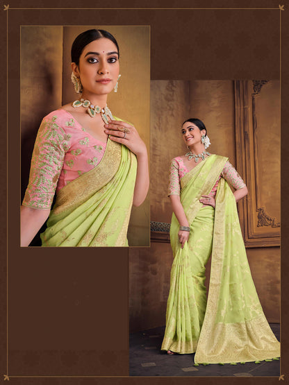 Zari Fancy Partywear South Indian wedding Saree In Green Color-81609