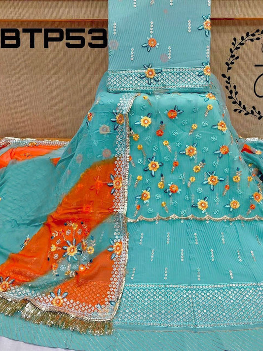 Sequence Blooming Georgette Traditional Wedding Rajputi Purple In Turquoise Color-61040