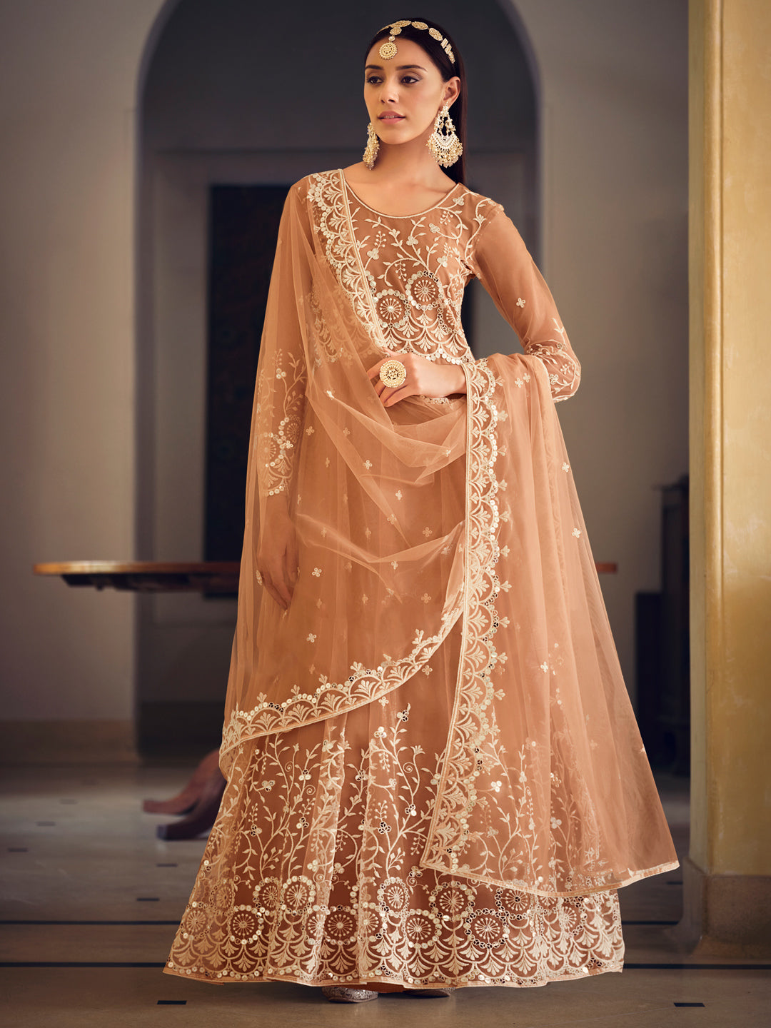 Embroidered Net Bollywood Floor Length Semi Stitched Salwar Kameez in Beige-81345