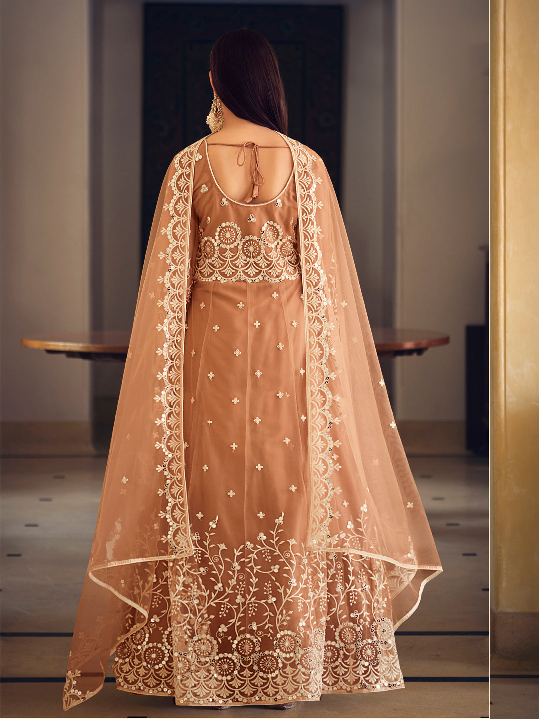 Embroidered Net Bollywood Floor Length Semi Stitched Salwar Kameez in Beige-81345