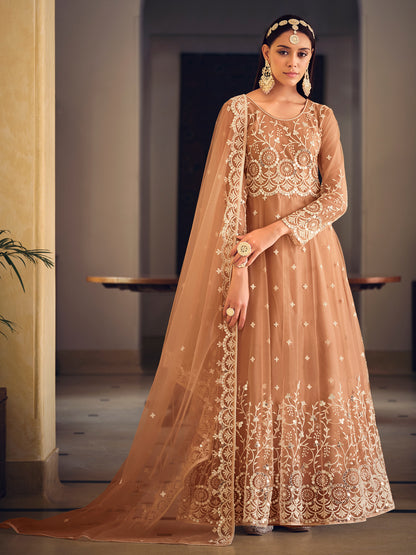 Embroidered Net Bollywood Floor Length Semi Stitched Salwar Kameez in Beige-81345