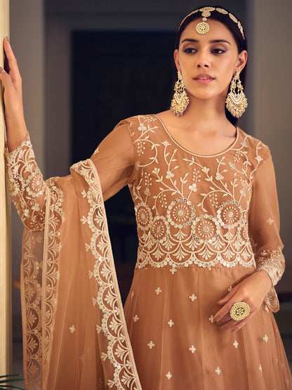 Embroidered Net Bollywood Floor Length Semi Stitched Salwar Kameez in Beige-81345