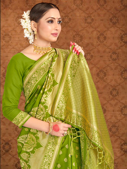 Weaving Lichi Bindi Silk Partywear Traditional Saree In Green Color-81556