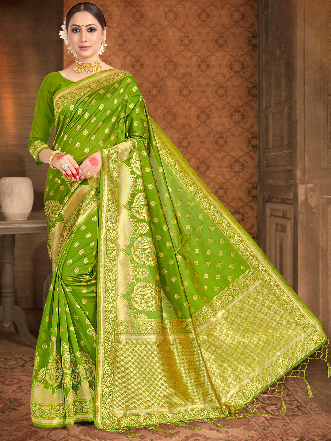 Weaving Lichi Bindi Silk Partywear Traditional Saree In Green Color-81556