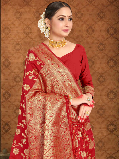 Weaving Lichi Bindi Silk Partywear Traditional Saree In Red Color-81557