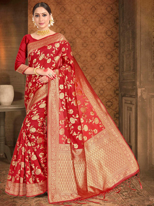 Weaving Lichi Bindi Silk Partywear Traditional Saree In Red Color-81557