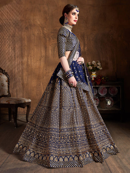 Raw Silk Engagement Sangeet Lehenga with Embroidered work in Blue color-82104