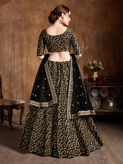 Raw Silk Engagement Sangeet Lehenga with Embroidered work in Black color-82101