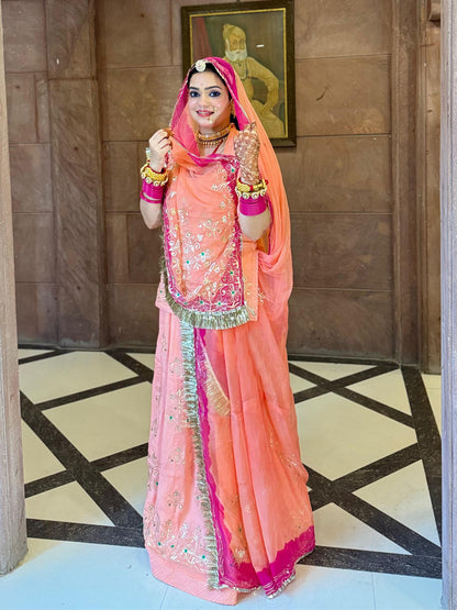 Upada Silk and Hamrahi Pure Wedding festivel kasab zari Work Rajputi Poshak In Peach Colour-60919