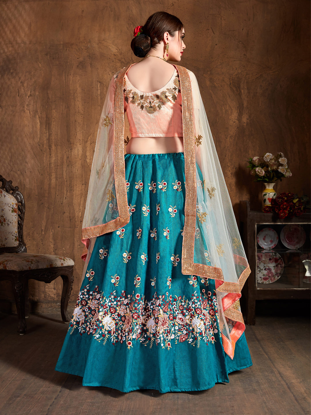 Raw Silk Engagement Sangeet Lehenga with Embroidered work in Blue color-82099