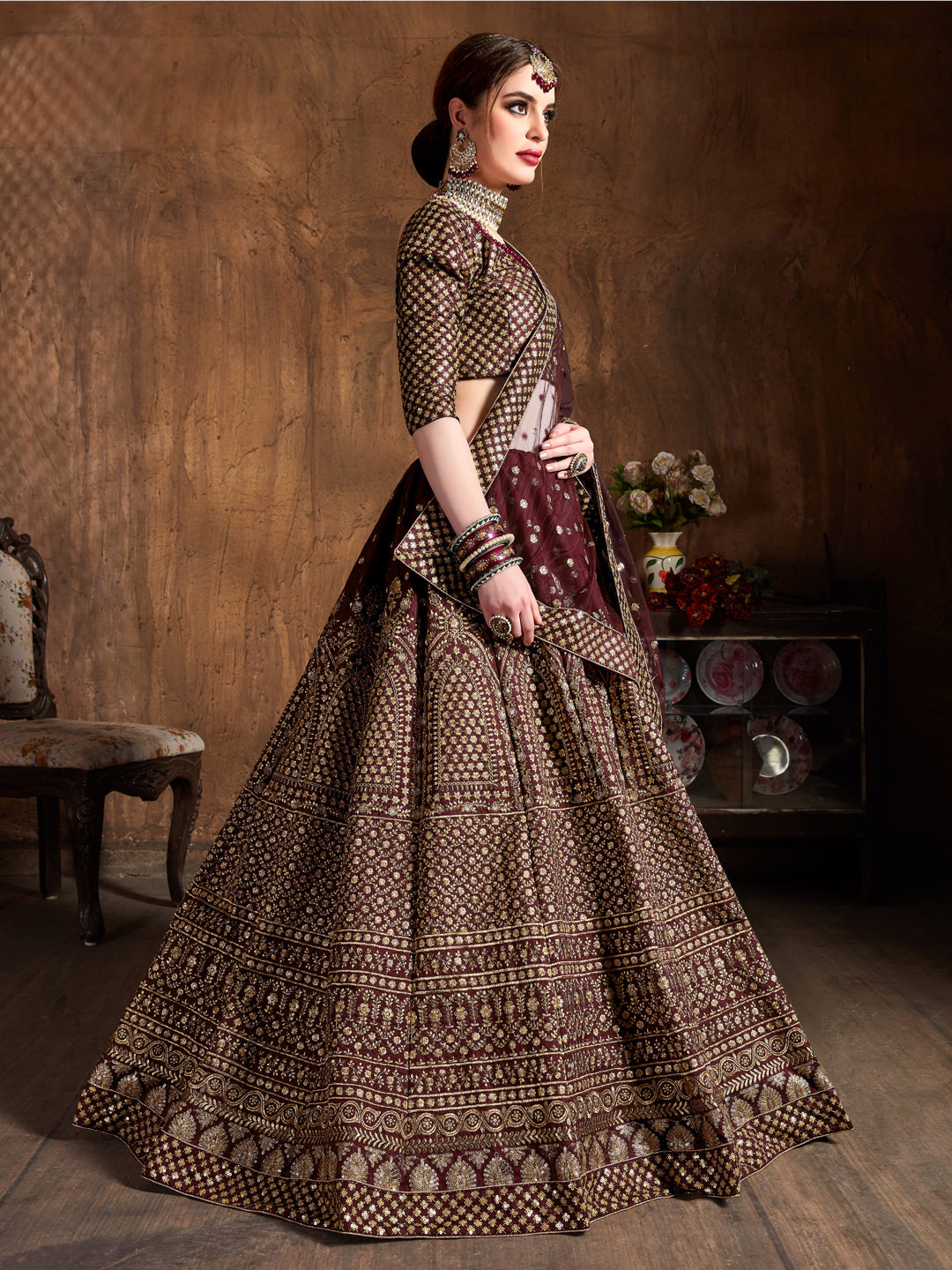 Raw Silk Engagement Sangeet Lehenga with Embroidered work in Maroon color-82105