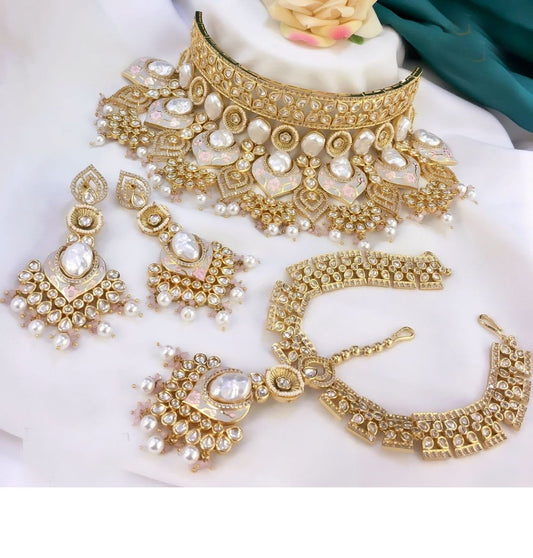Golden and White Beads Studded Handcrafted Brass Kundan Bridal Jewellery Set-81402