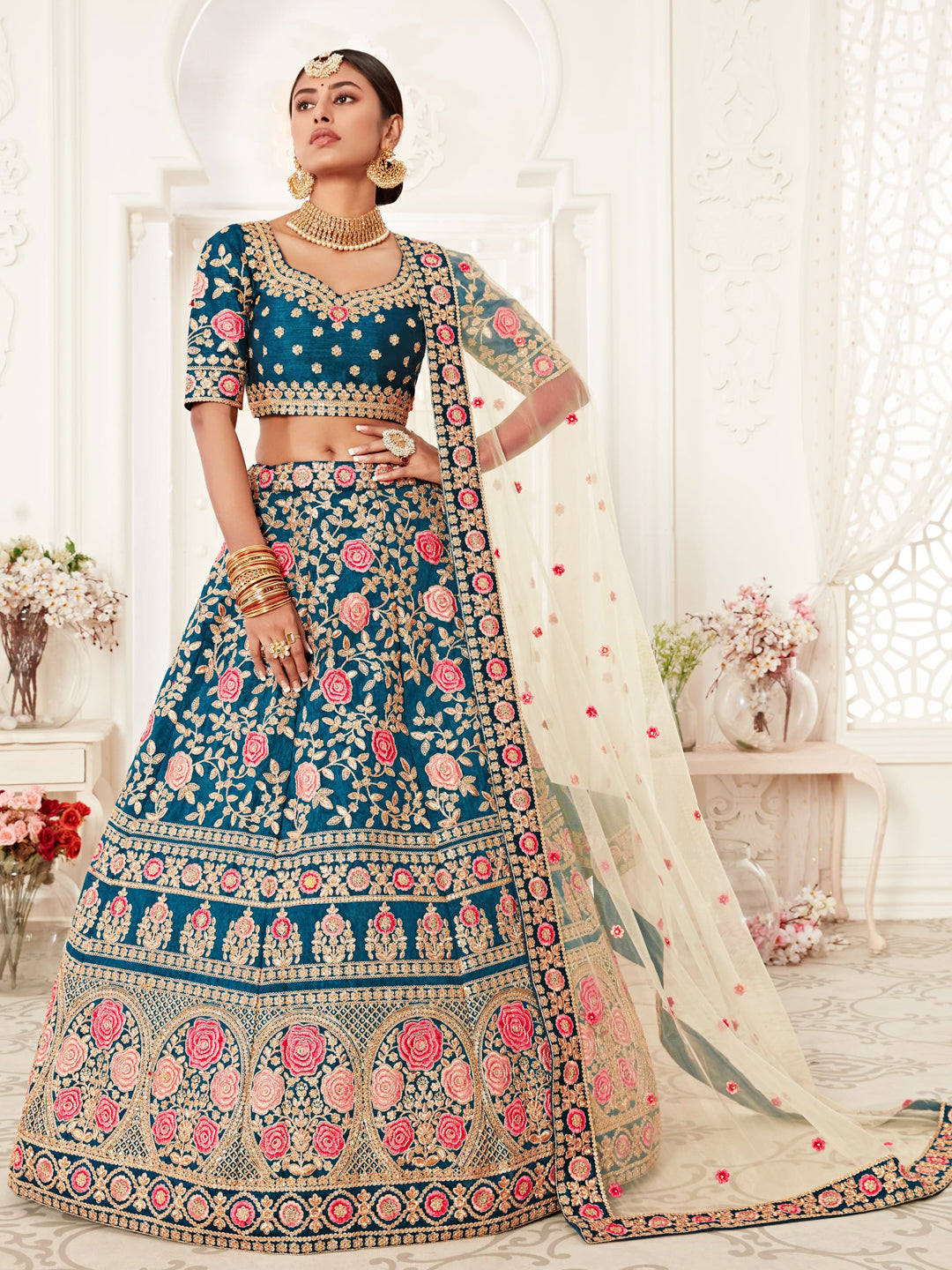 Slub Silk Bridal Lehenga with Embroidered work in Blue color-82115