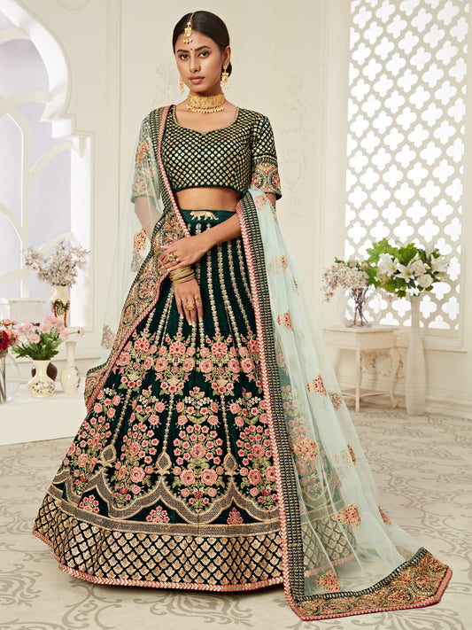 Velvet Bridal Lehenga with Embroidered work in Green color-82120