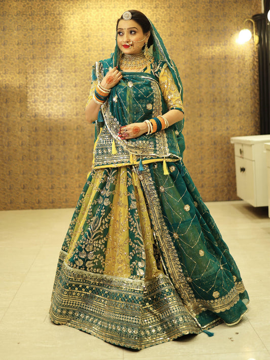 Georgette 7 Miter full Gher Double color Wedding Sangeet Premium quality Rajputi Poshak In Green color-91432