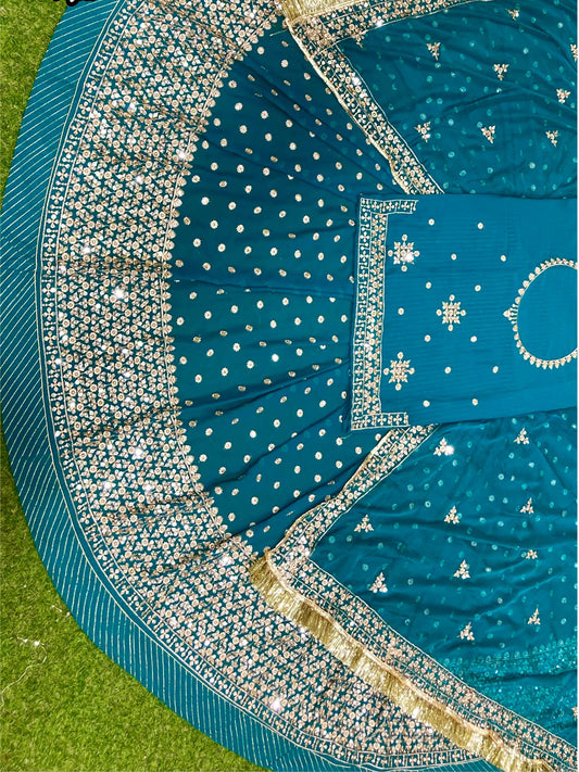 Tikki Sequence Blooming Georgette Traditional Full Gher Wedding Rajputi Poshak In turquoise Color-81938