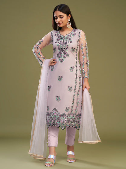 Thread Embroidered Banglori Silk and Net Salwar Kameez in Pink Color-81600