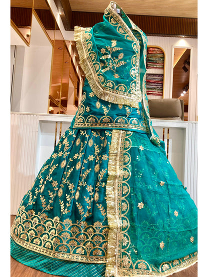 24 Kali Full Gher Bamber Satin Wedding Traditional Rajputi Poshak with Zari work In turquoise color-81535