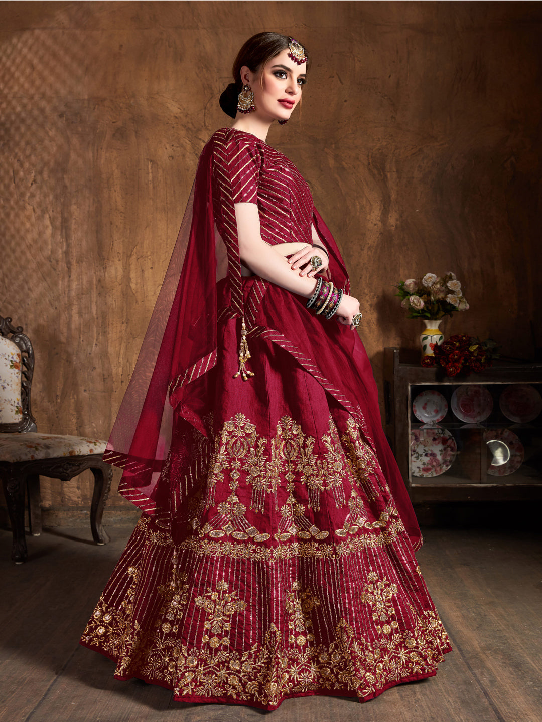 Art Silk Engagement Sangeet Lehenga with Embroidered work in Red color-82111