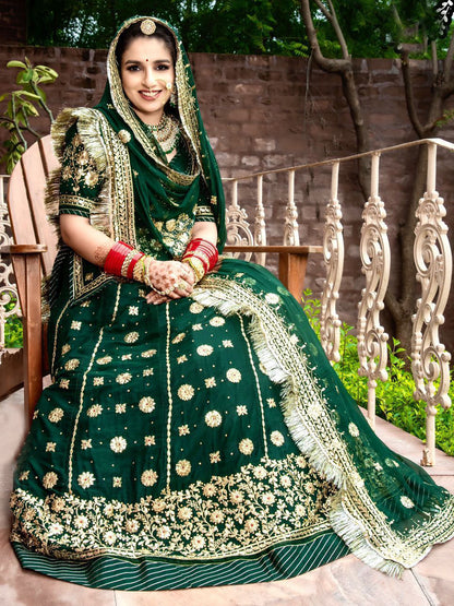 Copper Zari Humarahi Pure Wedding Sangeet Rajputi Poshak In Green Color-61048